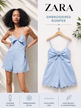 ZARA Blue Embroidered Romper Size L NWT Tie Front Eyelet Scalloped Hem Playsuit